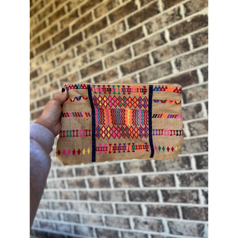 Boho Embroidered Jute Clutch Bag Multi-Color Geometric Tassel Pouch Tan